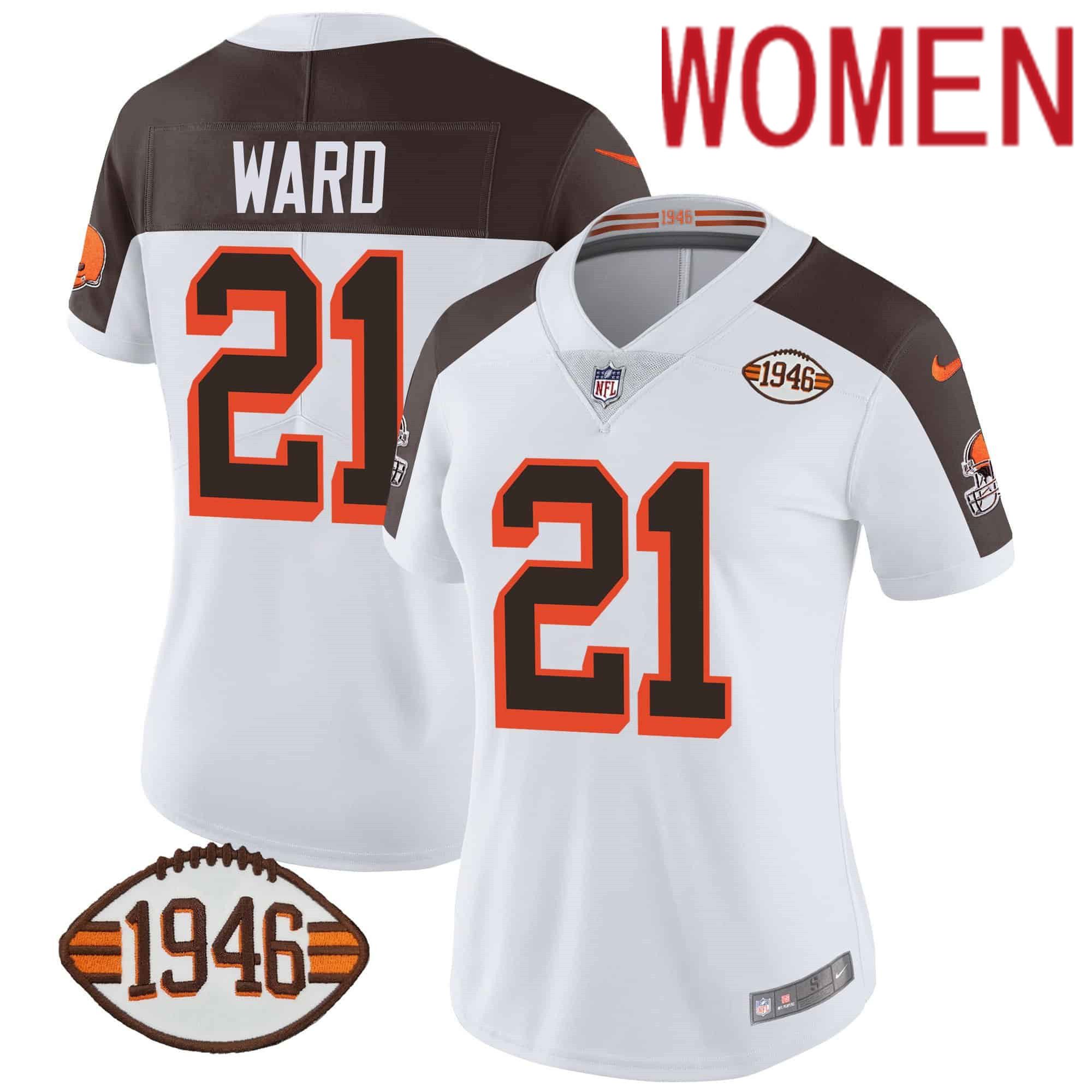 Women Cleveland Browns #21 Ward White 1946 75th Anniversary Patch 2024 Nike NFL Jersey style 1